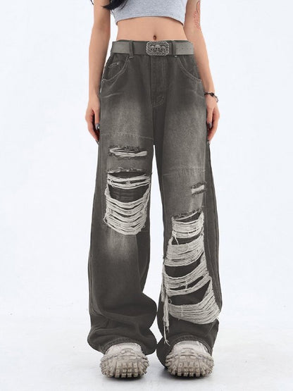 Retro Distressed Patch Ripped Design Niche Ripped Jeans