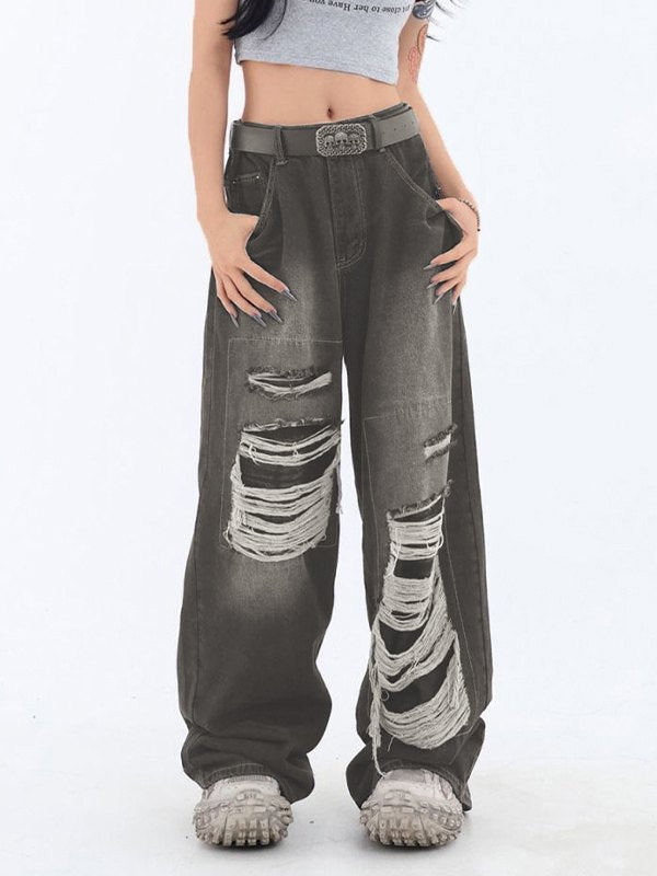 Retro Distressed Patch Ripped Design Niche Ripped Jeans