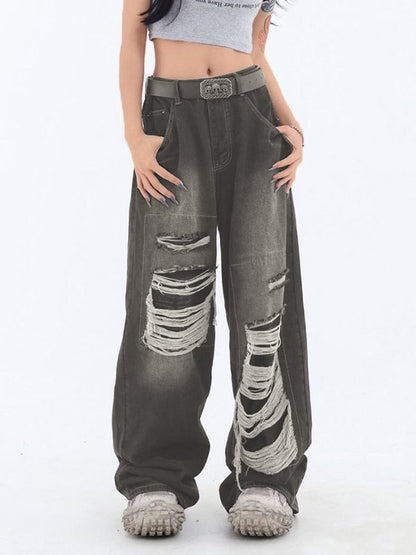 Retro Distressed Patch Ripped Design Niche Ripped Jeans
