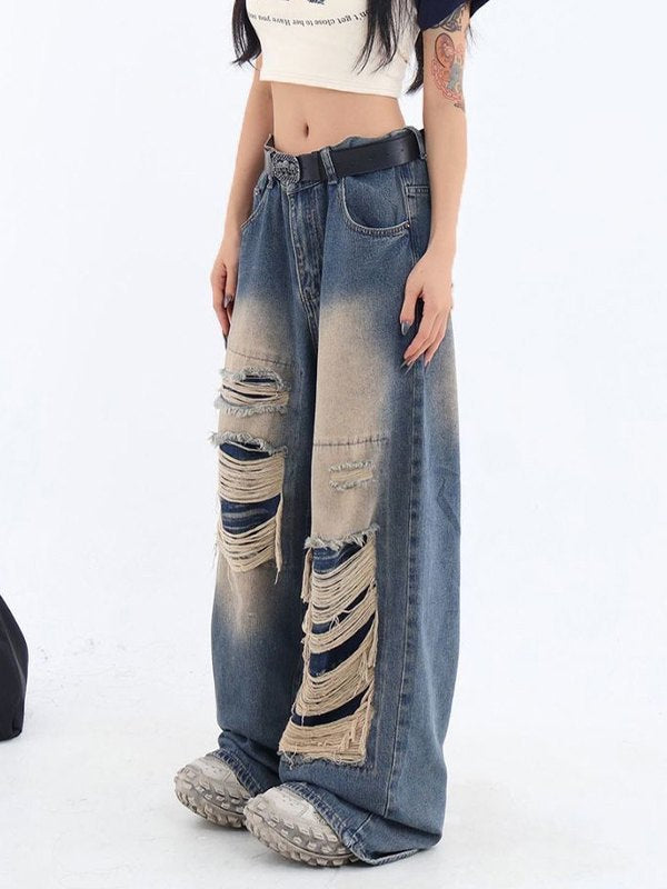 Retro Distressed Patch Ripped Design Niche Ripped Jeans