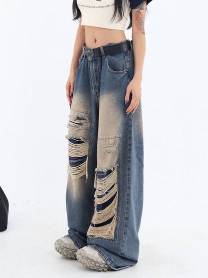 Retro Distressed Patch Ripped Design Niche Ripped Jeans