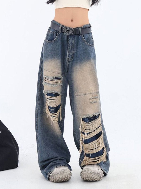 Retro Distressed Patch Ripped Design Niche Ripped Jeans