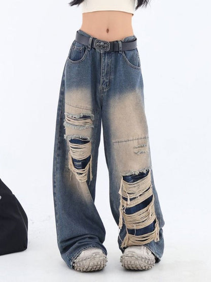 Retro Distressed Patch Ripped Design Niche Ripped Jeans