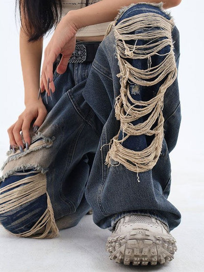 Retro Distressed Patch Ripped Design Niche Ripped Jeans