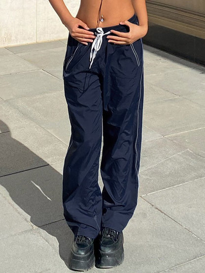 Piping Detail Parachute Straight Leg Pants