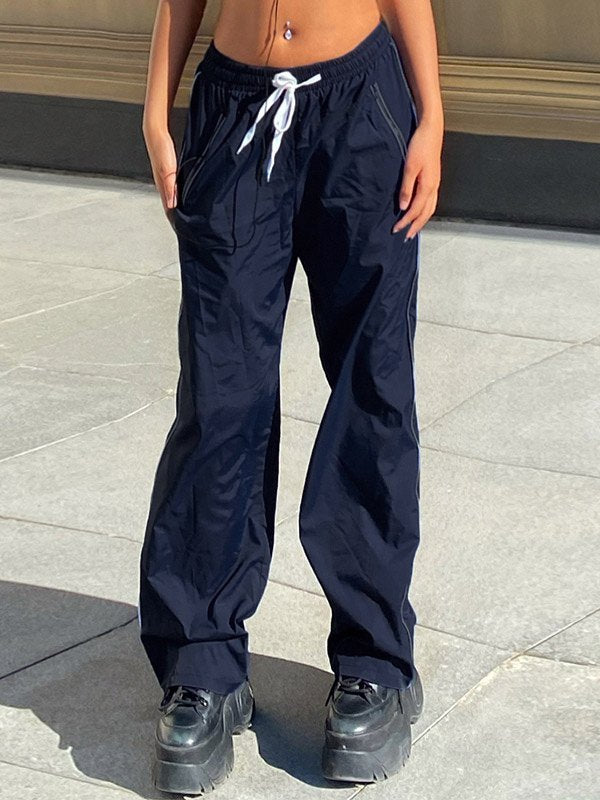 Piping Detail Parachute Straight Leg Pants