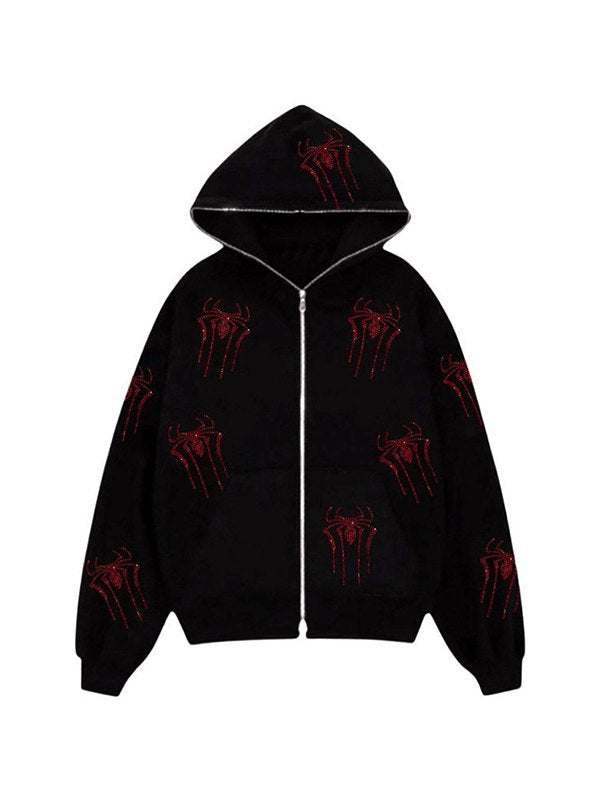Rhinestone Spider Zip Up Hoodie