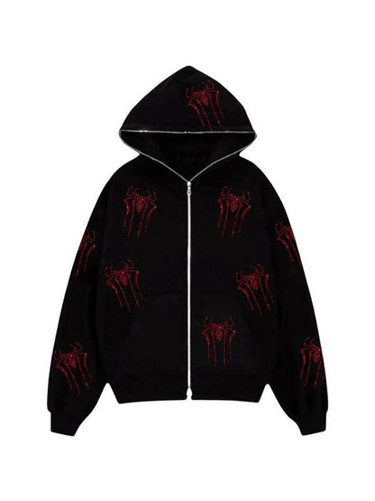 Rhinestone Spider Zip Up Hoodie