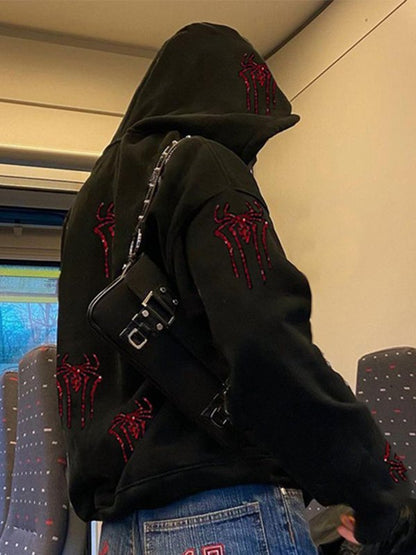 Rhinestone Spider Zip Up Hoodie
