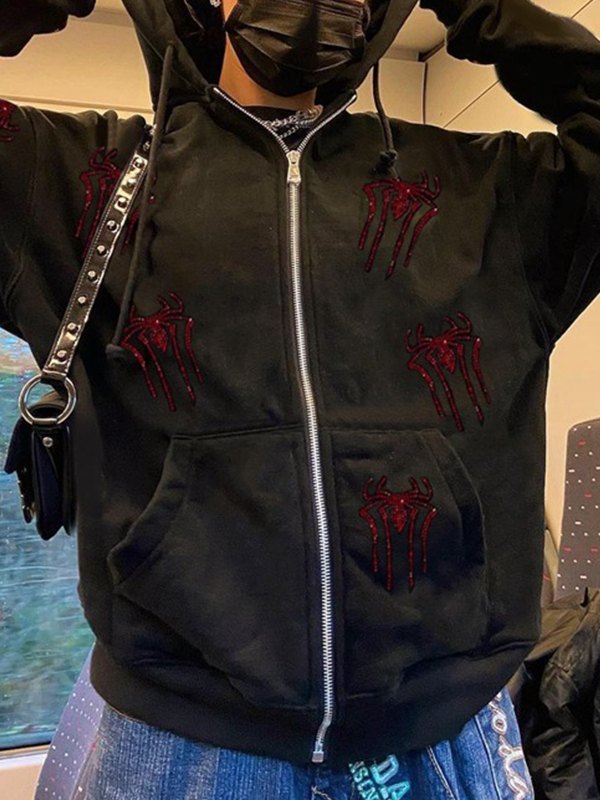 Rhinestone Spider Zip Up Hoodie
