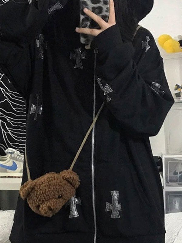 Rhinestone Cross Zip Up Hoodie
