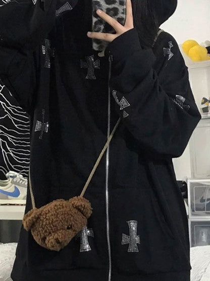Rhinestone Cross Zip Up Hoodie
