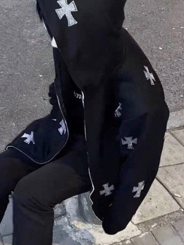 Rhinestone Cross Zip Up Hoodie