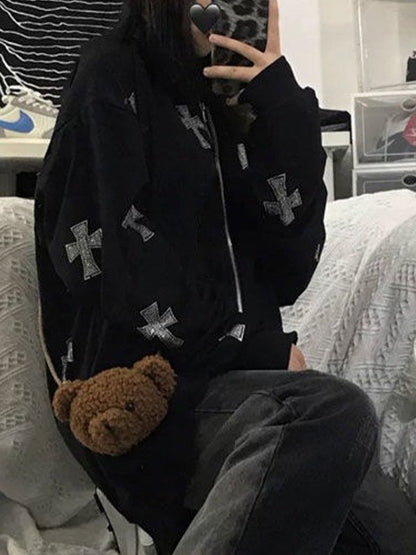 Rhinestone Cross Zip Up Hoodie