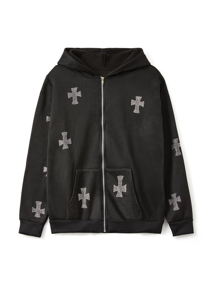 Rhinestone Cross Zip Up Hoodie
