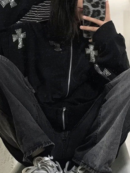 Rhinestone Cross Zip Up Hoodie