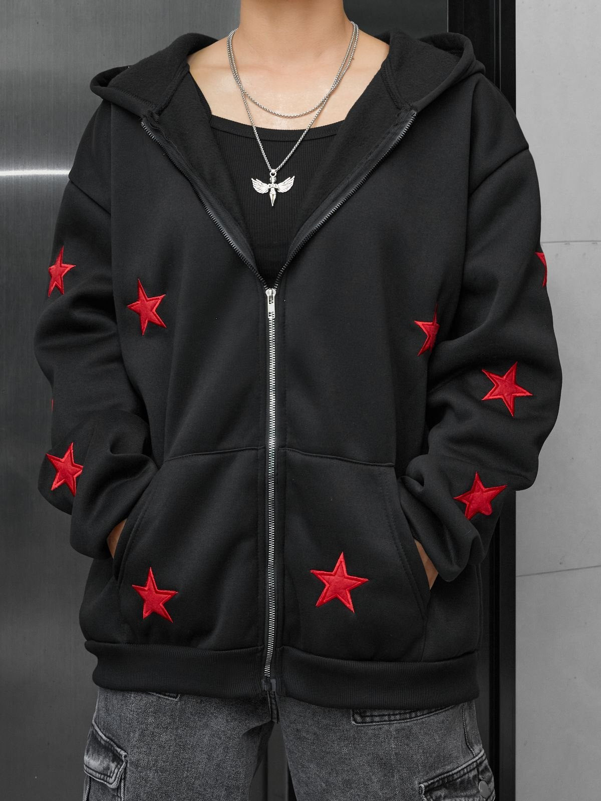 Embroidered Star Zip Up Hoodie