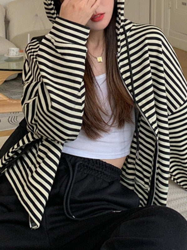 Oversized Vintage Stripe Zip Up Hoodie