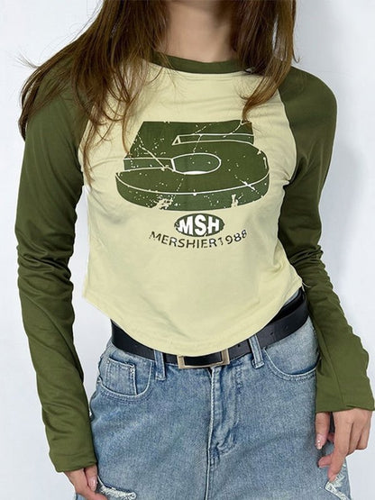Vintage Green Raglan Long Sleeve Crop Top