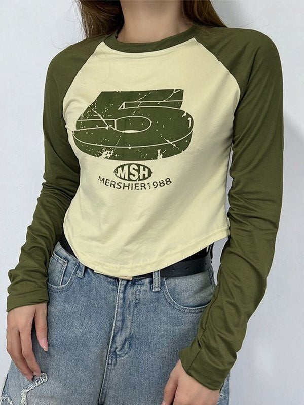 Vintage Green Raglan Long Sleeve Crop Top