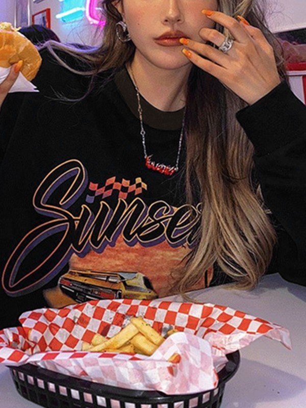 Fleece Lined Black Pullover Graphic Sweatshirt