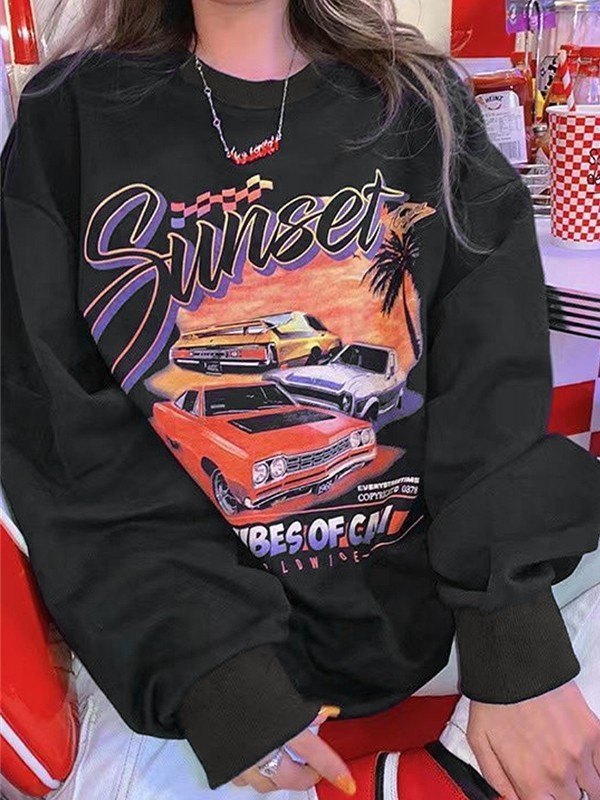 Fleece Lined Black Pullover Graphic Sweatshirt