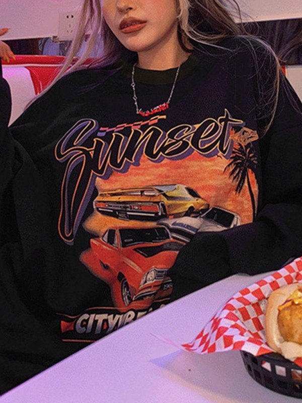 Fleece Lined Black Pullover Graphic Sweatshirt