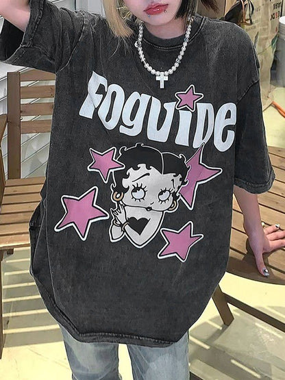 Vintage Wash Cartoon Print Short Sleeve Oversized Tee