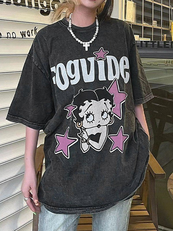Vintage Wash Cartoon Print Short Sleeve Oversized Tee