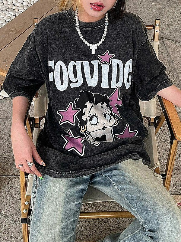 Vintage Wash Cartoon Print Short Sleeve Oversized Tee