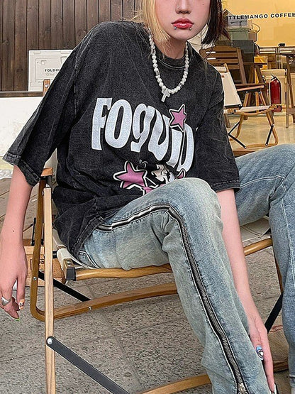 Vintage Wash Cartoon Print Short Sleeve Oversized Tee