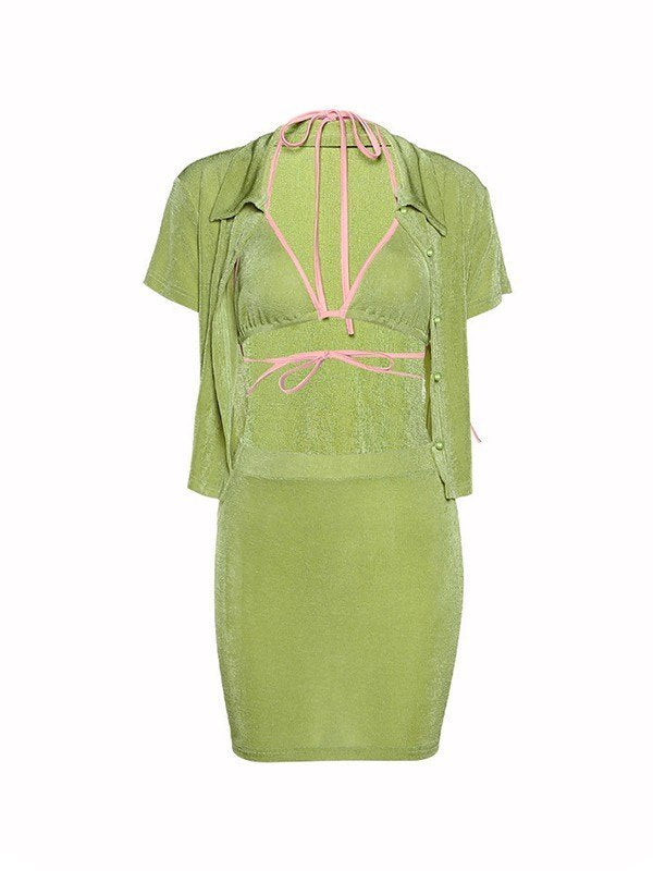 Sorbet Lime Green Velvet Three Piece Set