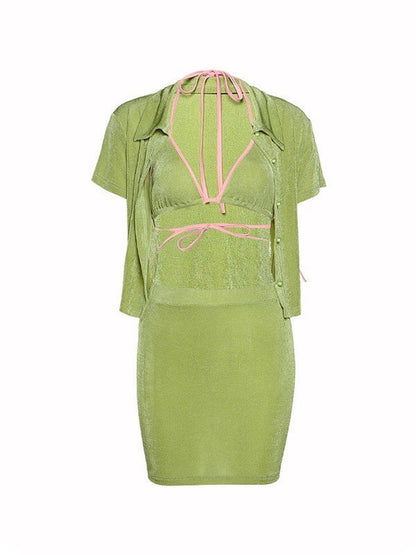 Sorbet Lime Green Velvet Three Piece Set