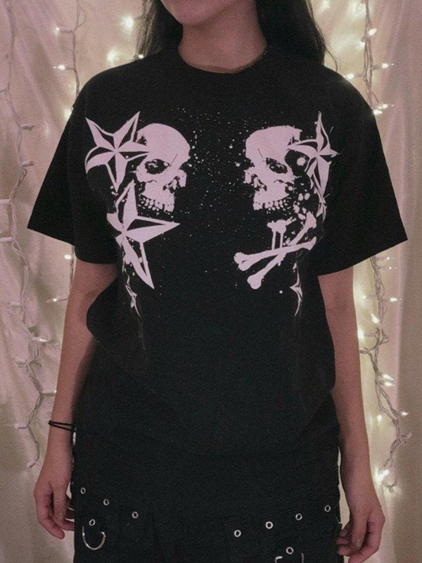 Short Sleeve Black Skull Graphic Oversized Tee