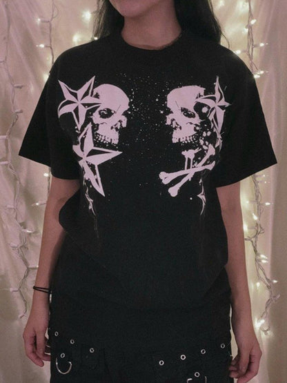 Short Sleeve Black Skull Graphic Oversized Tee