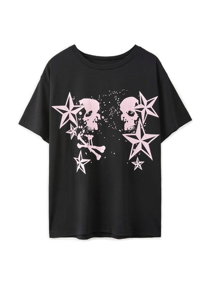 Short Sleeve Black Skull Graphic Oversized Tee