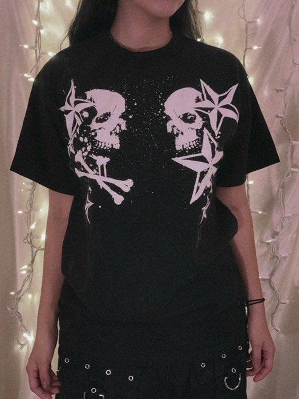 Short Sleeve Black Skull Graphic Oversized Tee