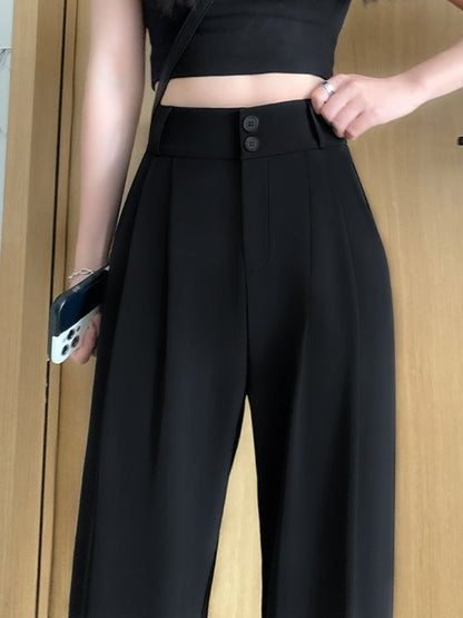Black Straight Leg Pleated Tailored Pants