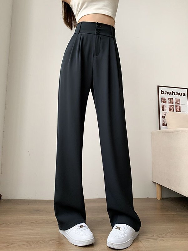 Black Straight Leg Pleated Tailored Pants