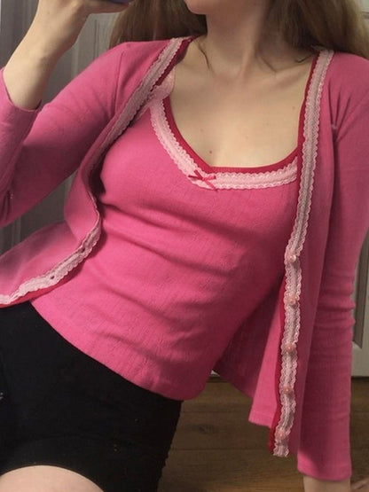 Lace Trim Ribbed Cami Top Cardigan Set