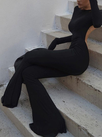Plus Backless Long Sleeve Flare Leg Jumpsuit
