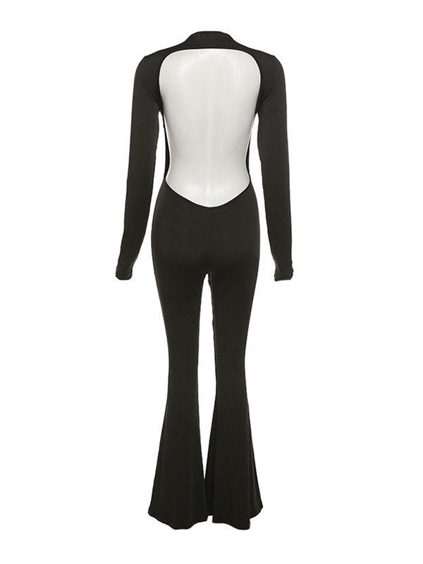 Plus Backless Long Sleeve Flare Leg Jumpsuit