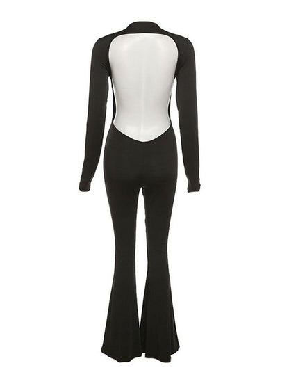 Plus Backless Long Sleeve Flare Leg Jumpsuit