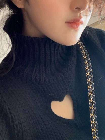 Cutout Heart Turtleneck Cropped Sweater