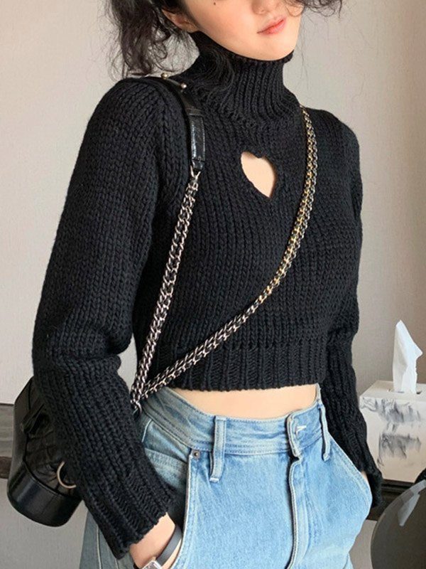 Cutout Heart Turtleneck Cropped Sweater