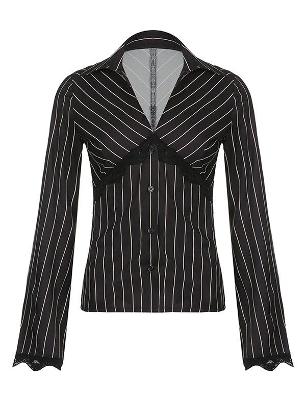 Lace Paneled Long Sleeve Striped Blouse