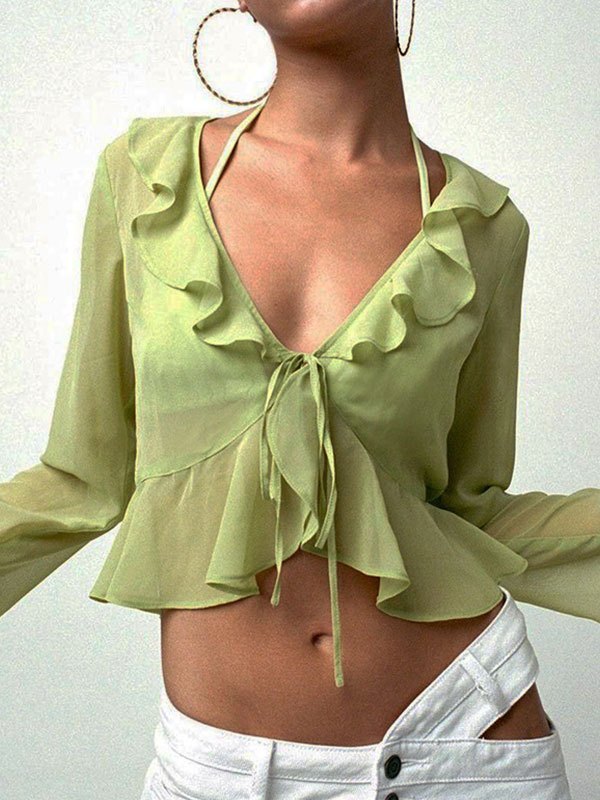 Sheer Mesh Ruffle Long Sleeve Crop Blouse