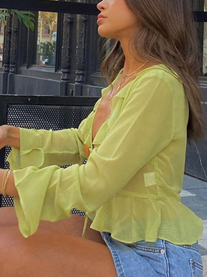 Sheer Mesh Ruffle Long Sleeve Crop Blouse
