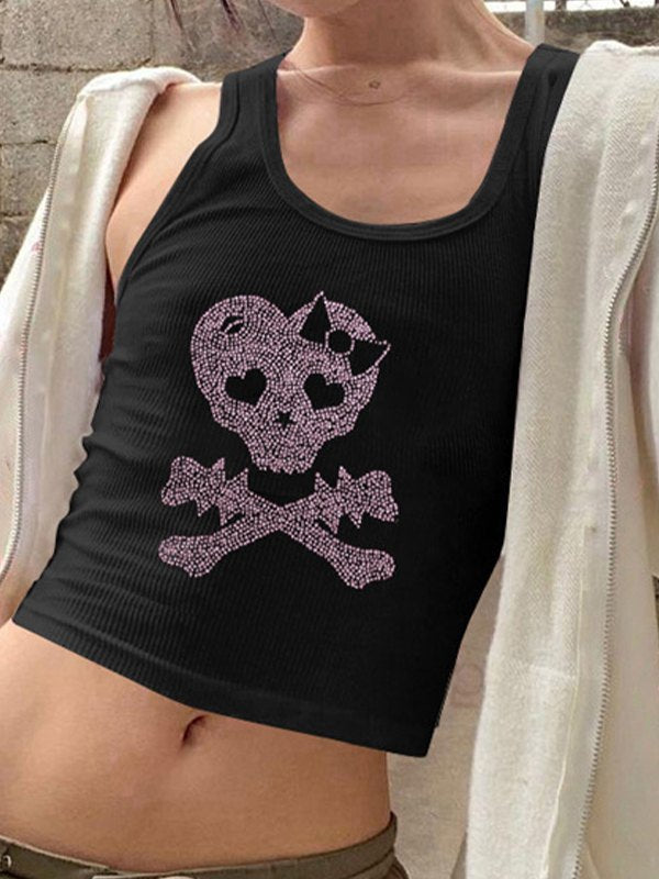 Skull Rhinestone Crop Tank Top