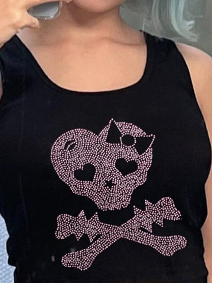 Skull Rhinestone Crop Tank Top